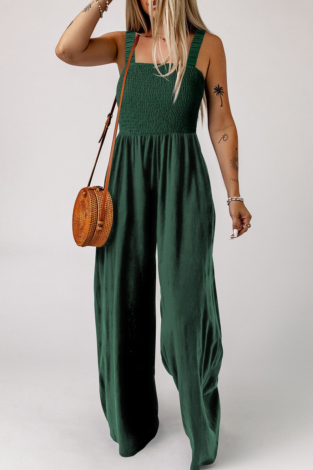 Green Smocked Sleeveless Wide Leg Jumpsuit with Pockets Dear-Lover Dropshipping