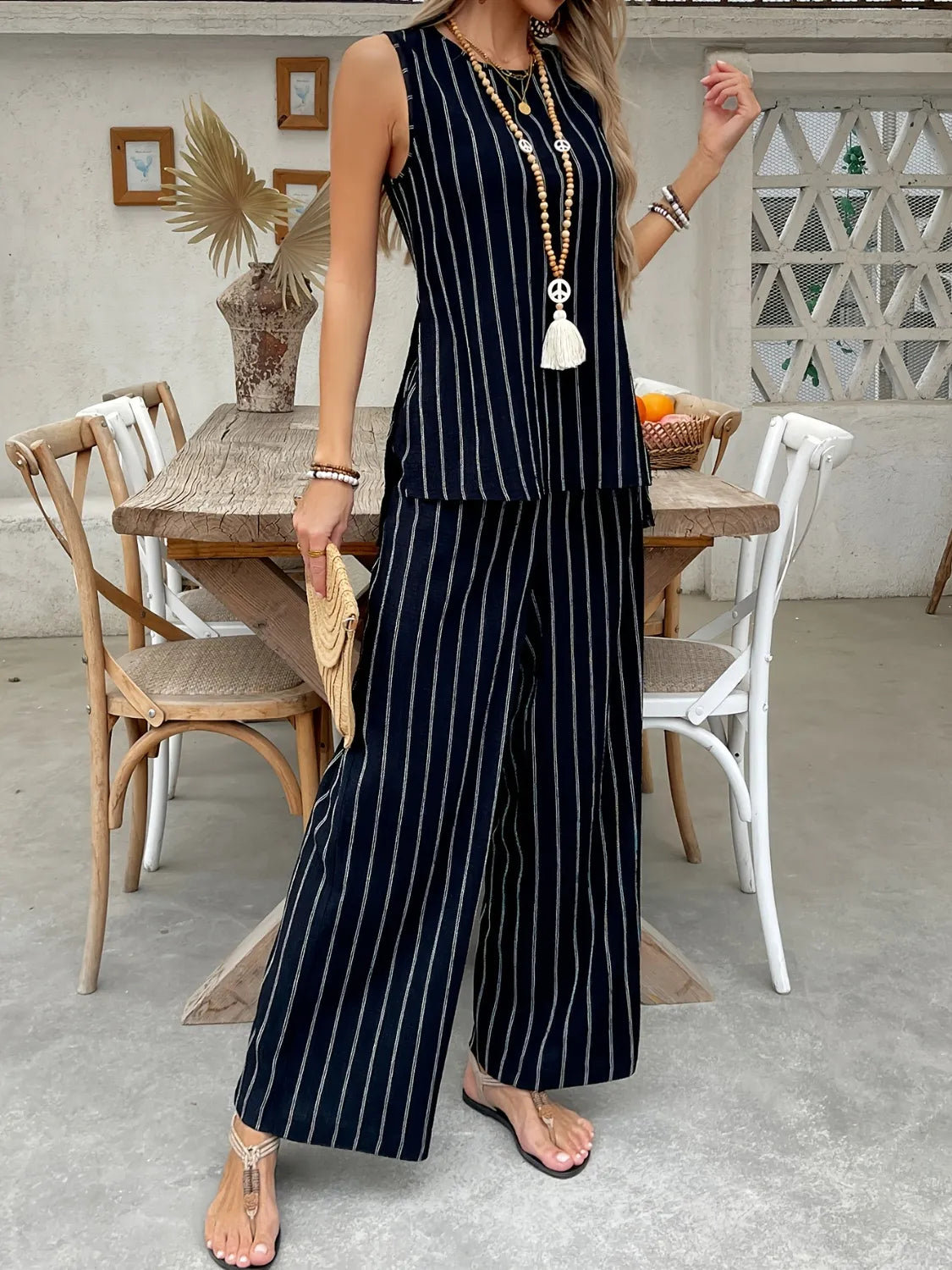 Striped Sleeveless Top and Pants Two-Piece Set - CHIC TB