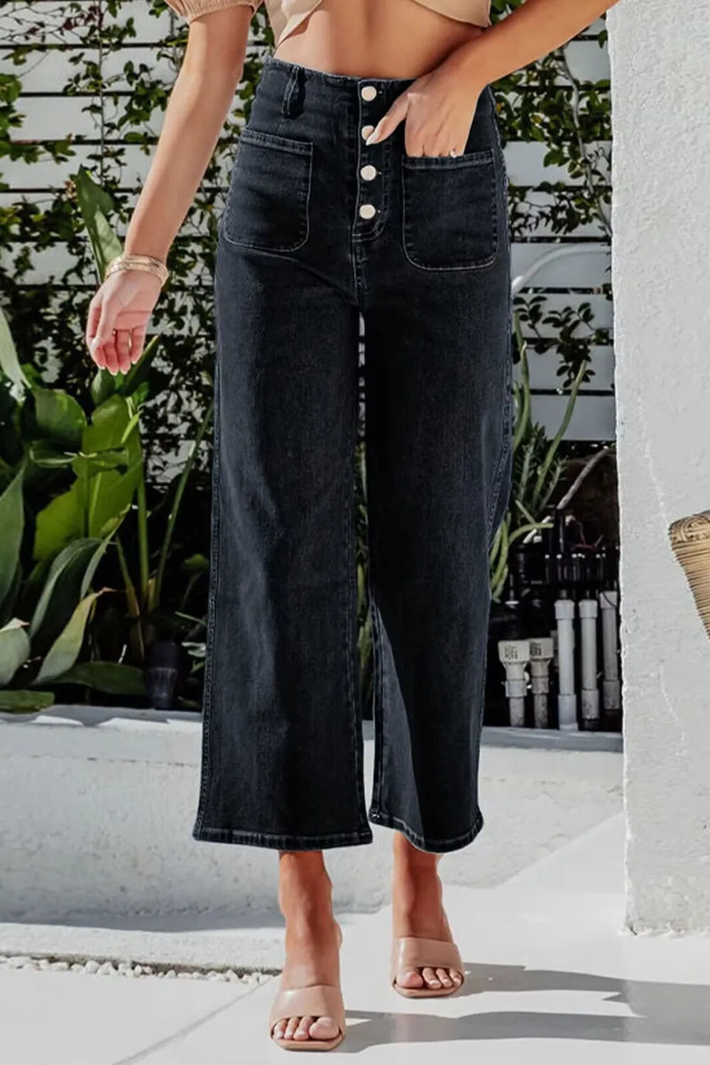 Button Fly Cropped Wide Leg Jeans.
