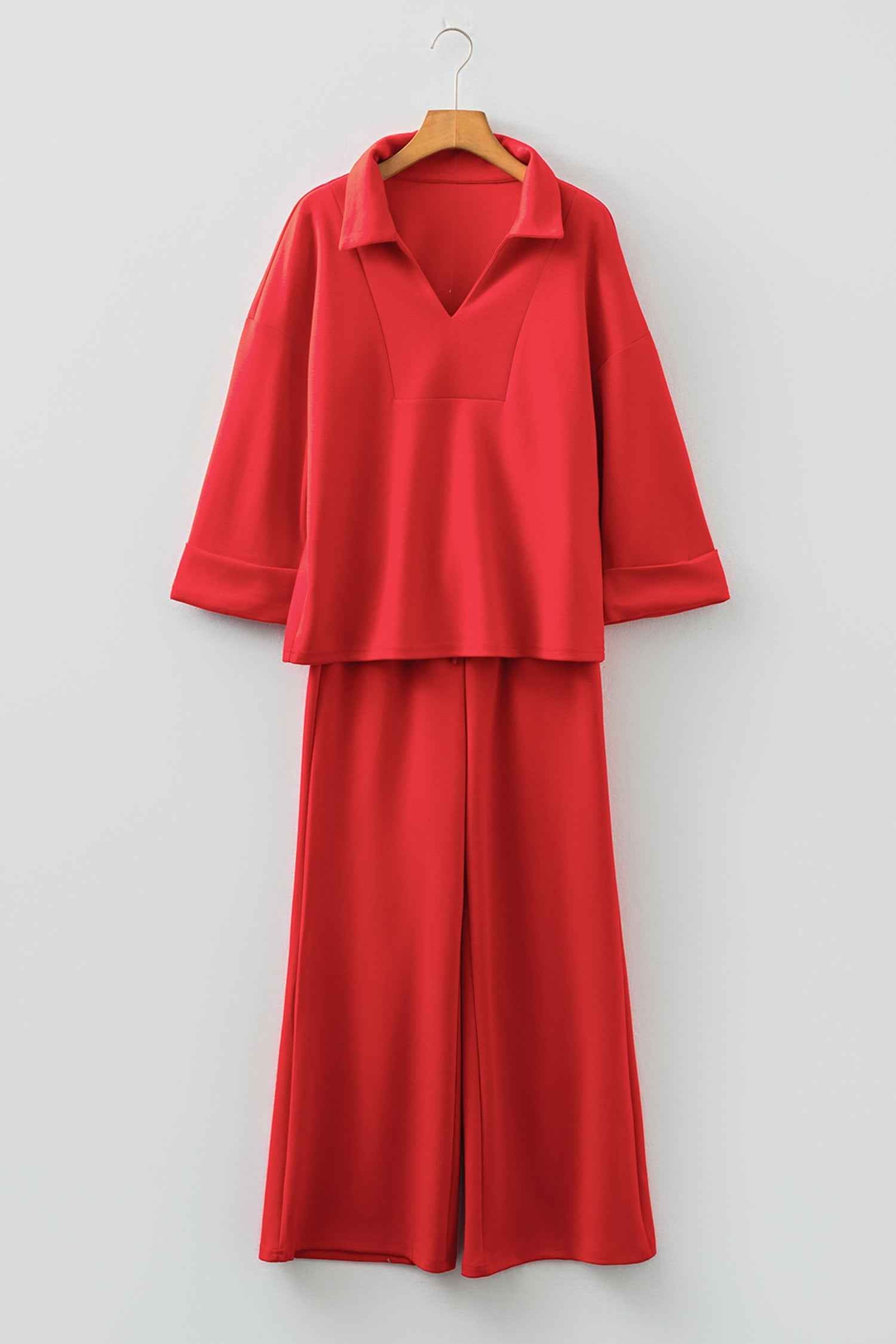 Fiery Red Polo Collar V Neck 3/4 Sleeve Pullover Drawstring Bell Bottom Pants 2pcs Set