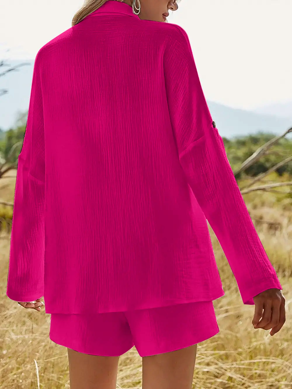 Texture Button Up Shirt and Shorts Set - CHIC TB