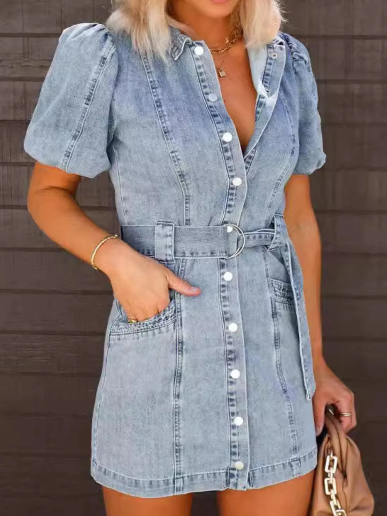 Puff Sleeve Denim Shirt Dress.