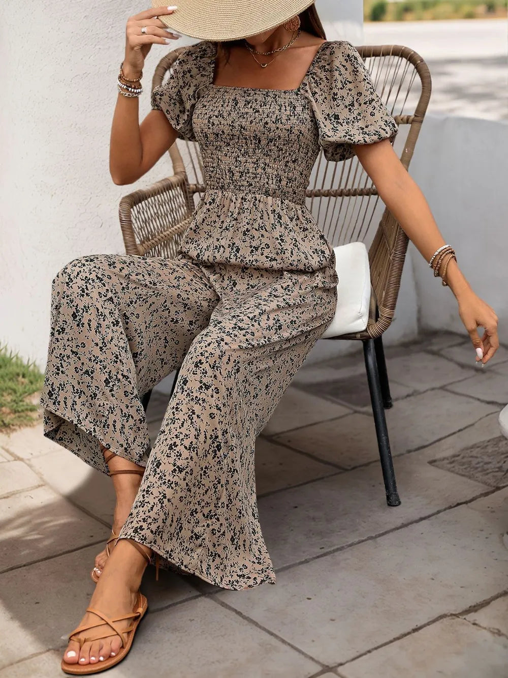 Perfee Smocked Printed Square Neck Puff Sleeve Jumpsuit.