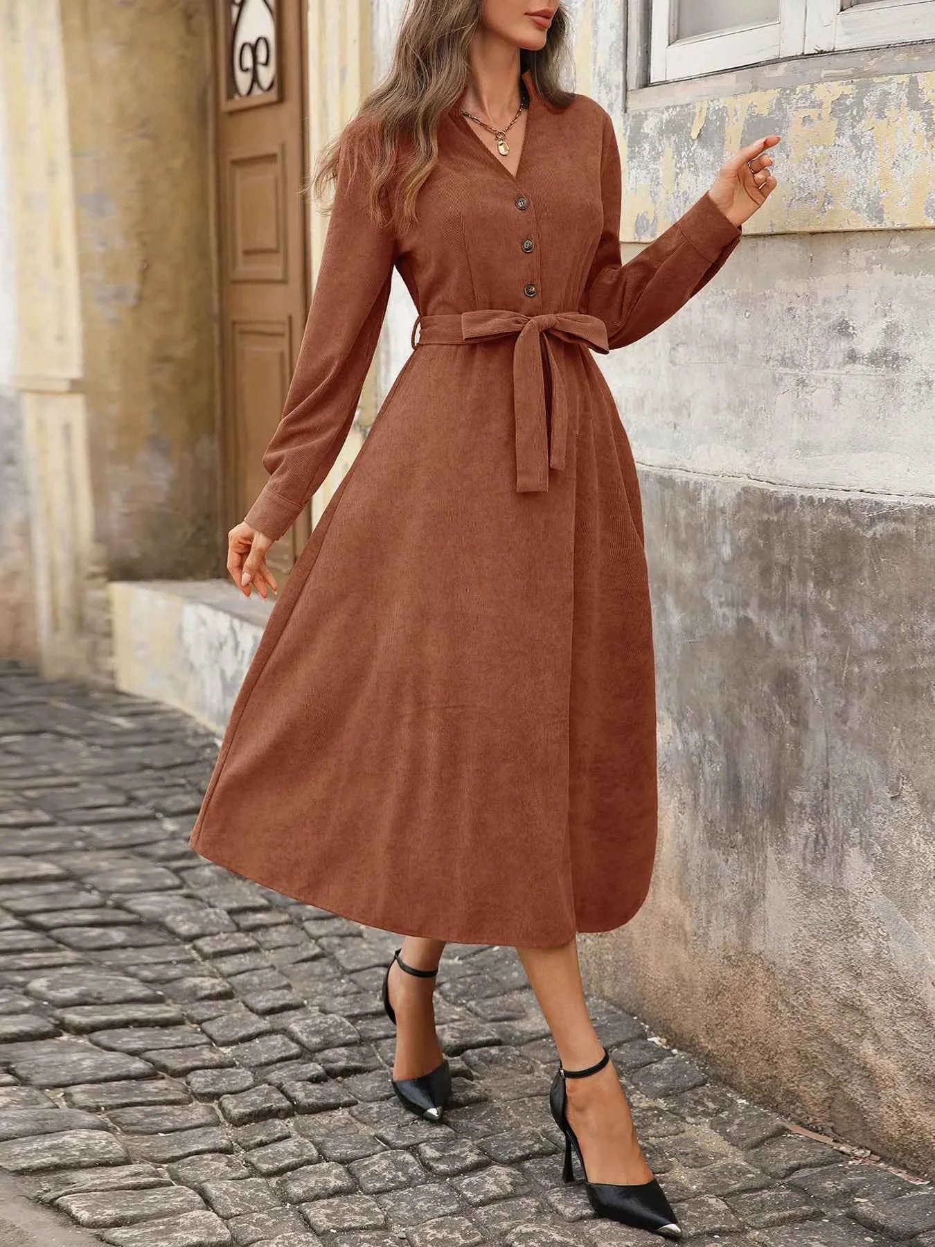 Long Sleeve Button Front Belted Midi Dress