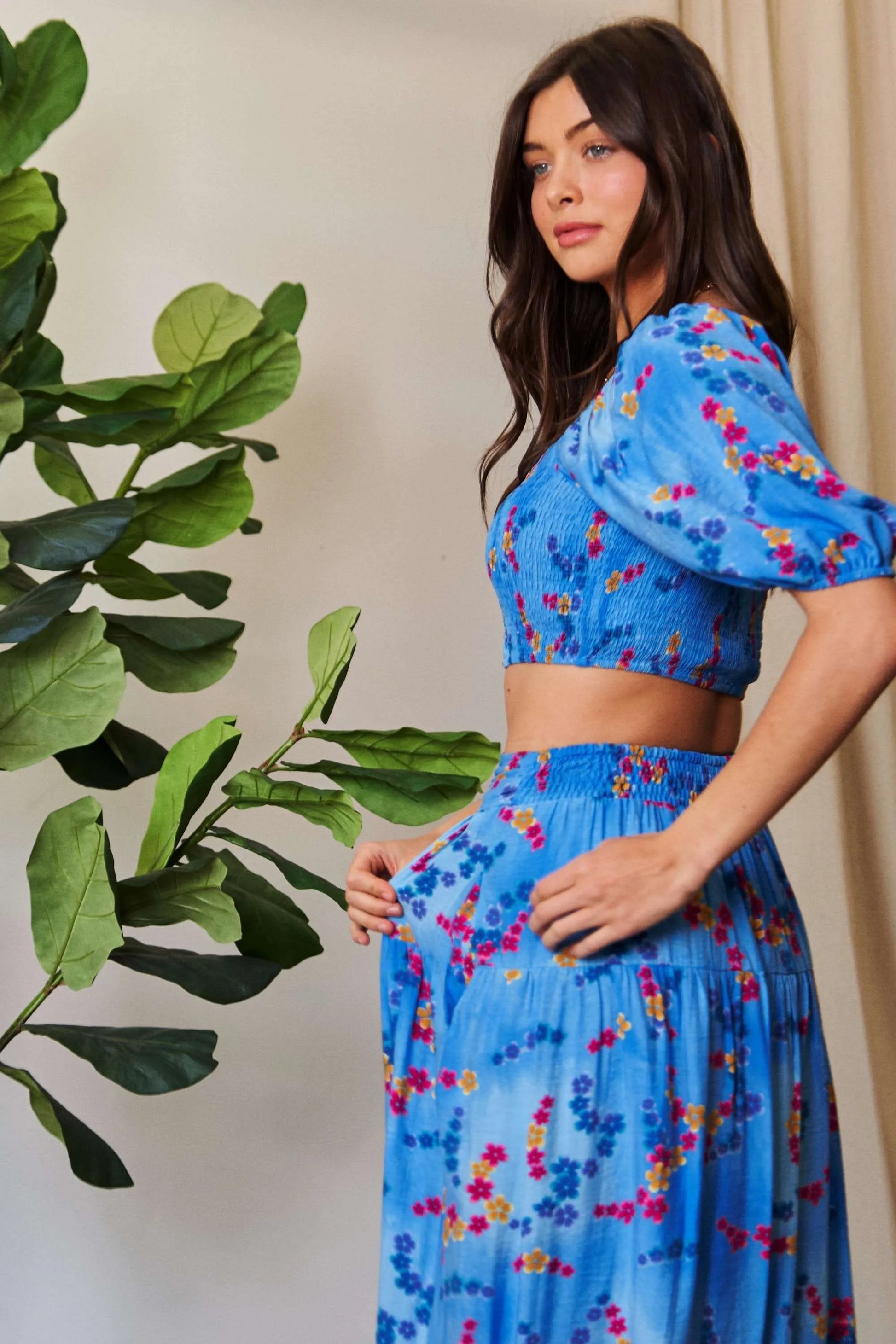 Davi & Dani Smocing Bodice Puff Short Sleeve Printed Crop Top - CHIC TB