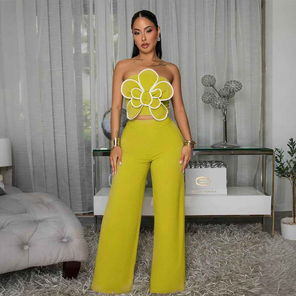 Two-piece Set Solid-color Top Paired With Wide-leg Trousers