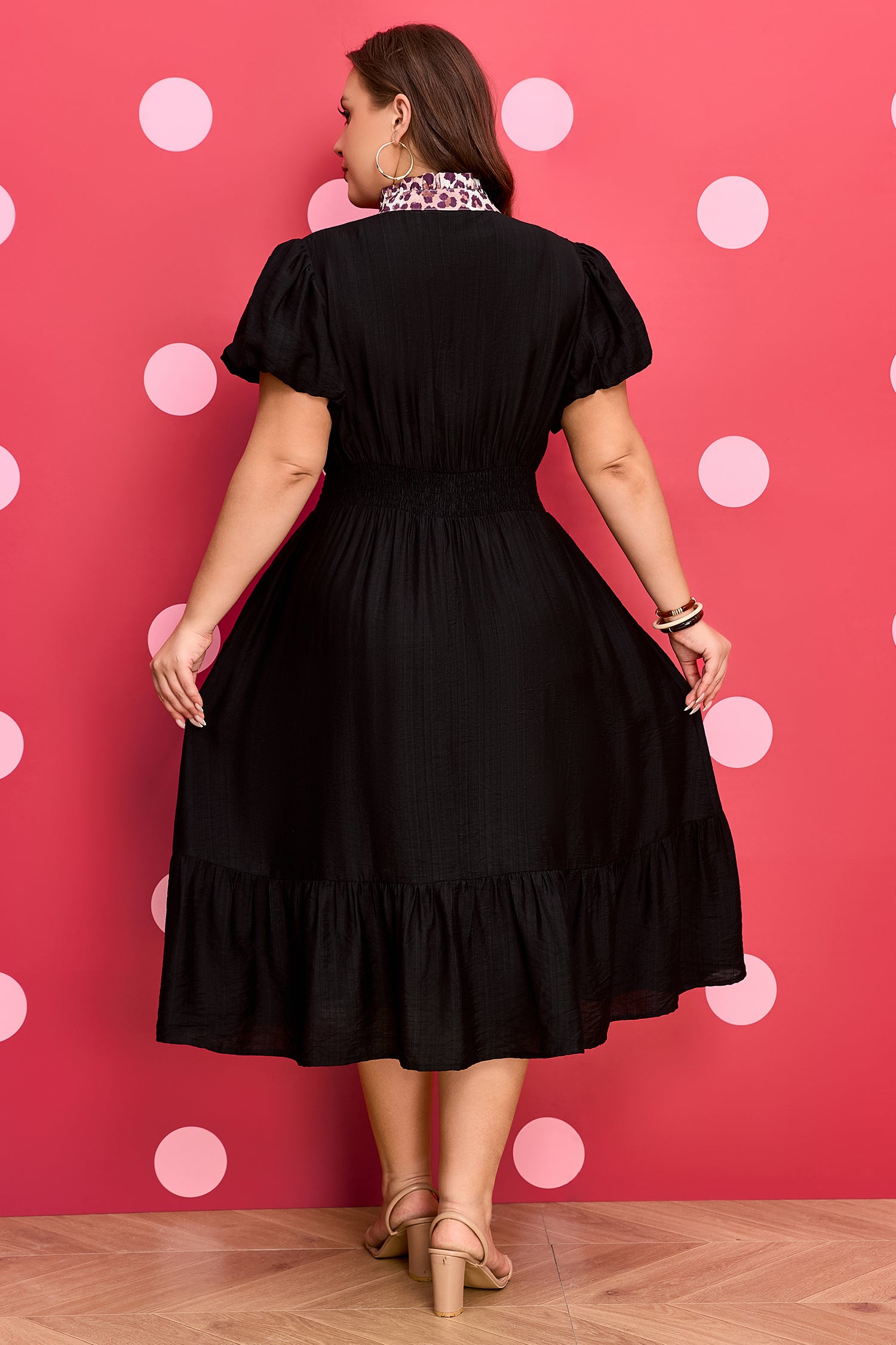 Black Leopard V Neck Patchwork Smocked Waist Plus Size Ruffled Dress