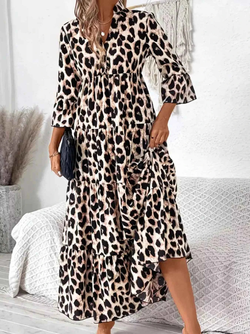 Leopard 3/4 Sleeve Midi Dress