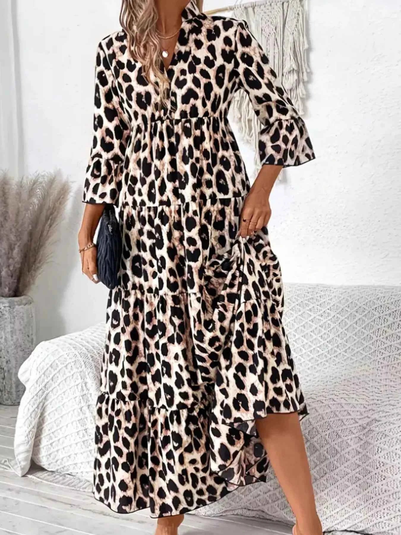 Leopard 3/4 Sleeve Midi Dress