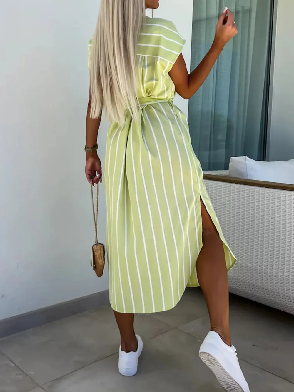 Striped Tie Waist Short Sleeve Dress.