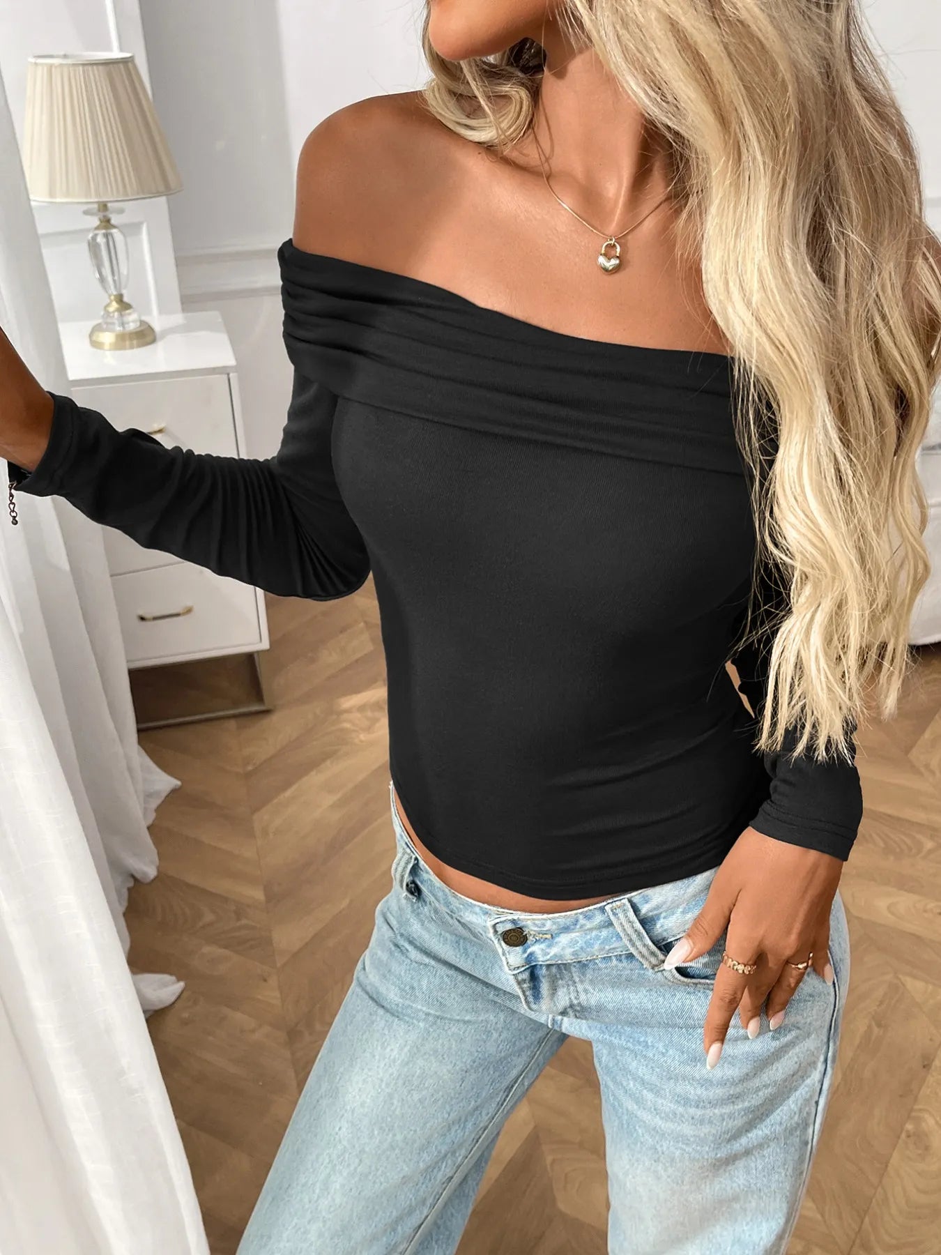 Off-Shoulder Long Sleeve Fitted T-Shirt.