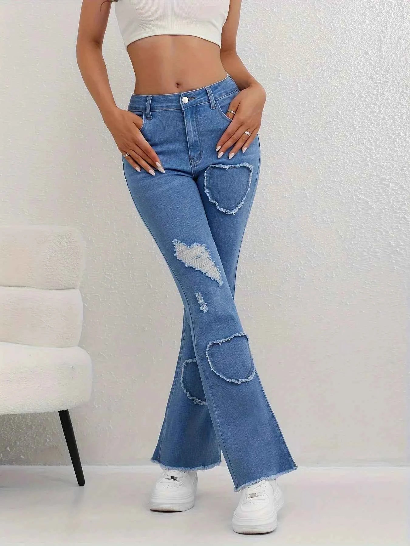 Heart Distressed Flare Jeans