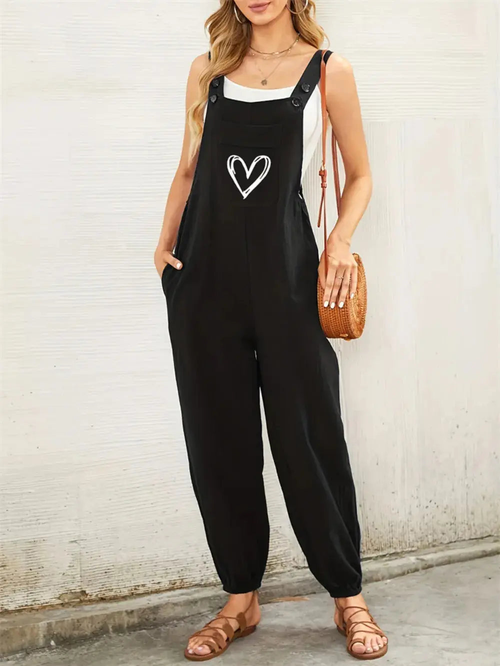Heart Square Neck Wide Strap Overalls.