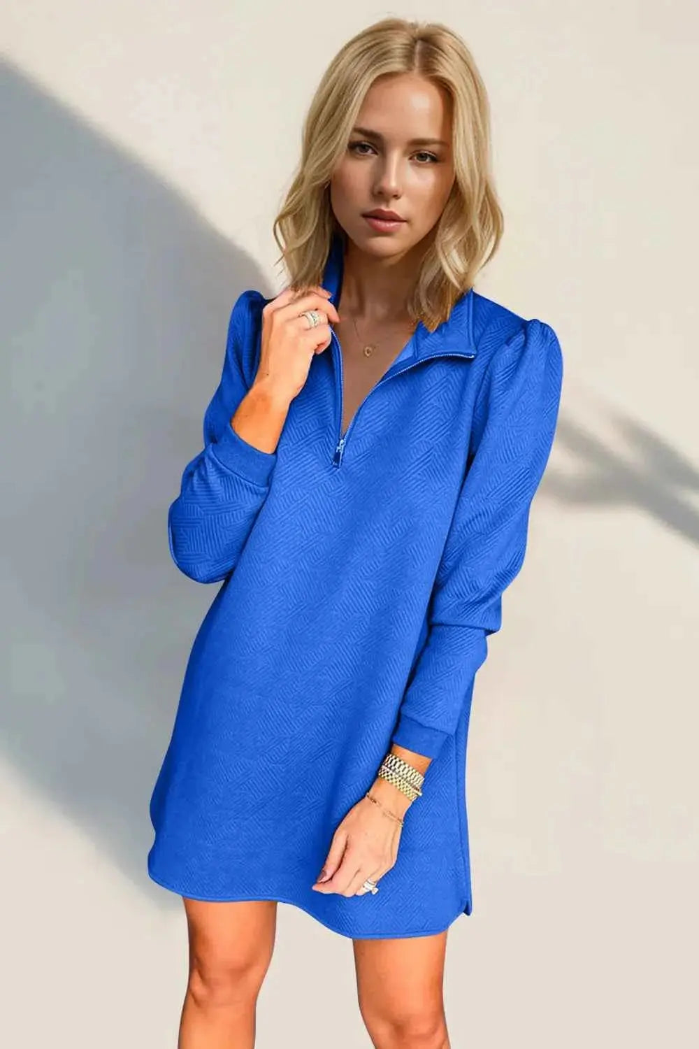 Double Take Textured Quarter Zip Long Sleeve Dress.