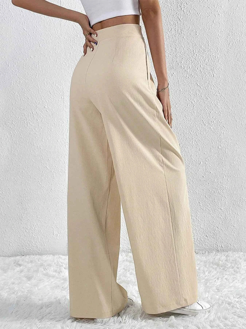 V-Waisted Ruched Front Wide Leg Pants.