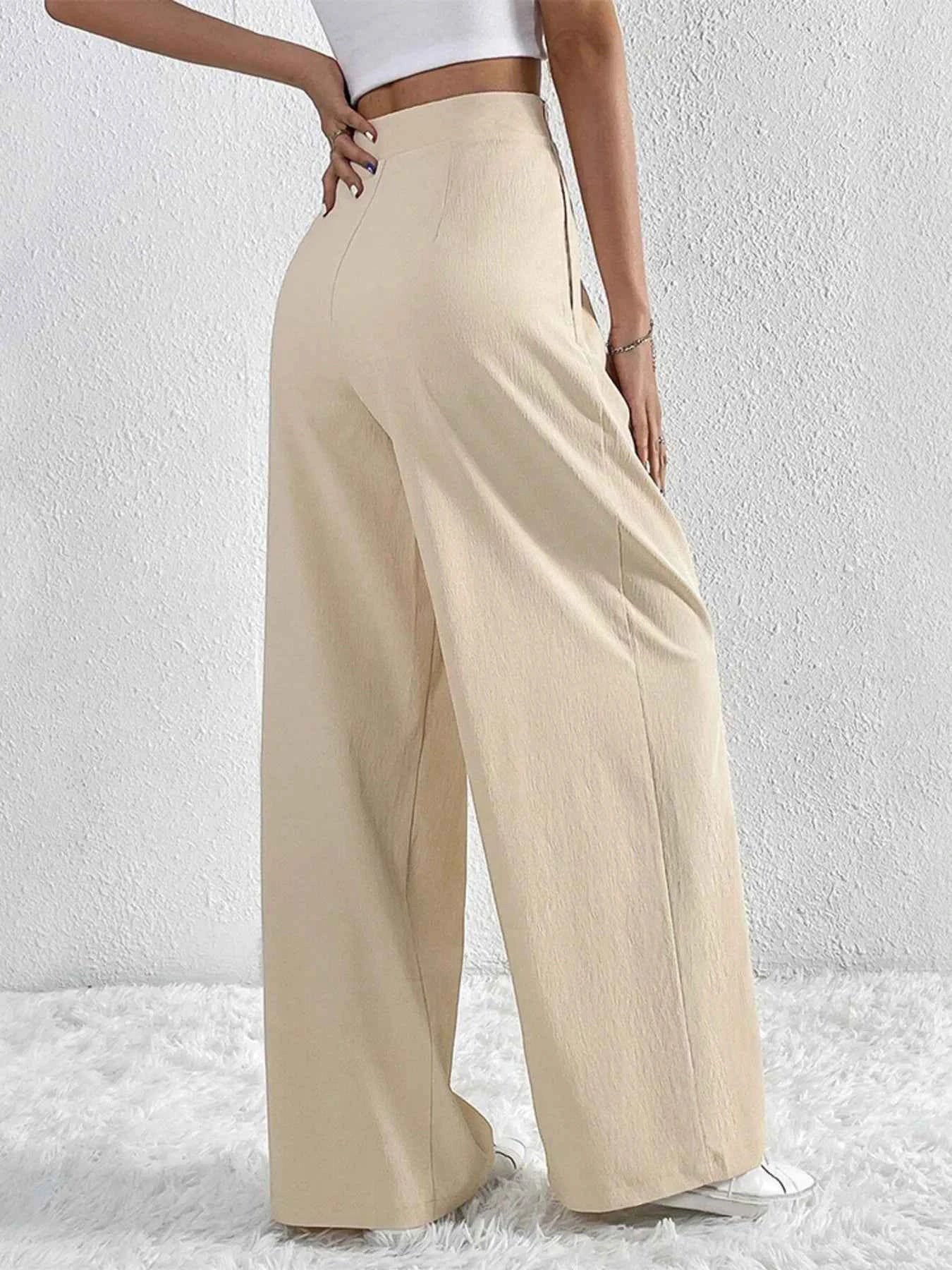 V-Waisted Ruched Front Wide Leg Pants.