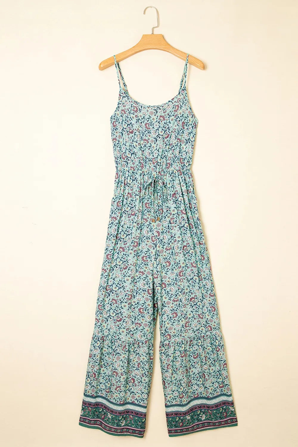 Bohemian Floral Ruffle Bottom Spaghetti Strap Jumpsuit.