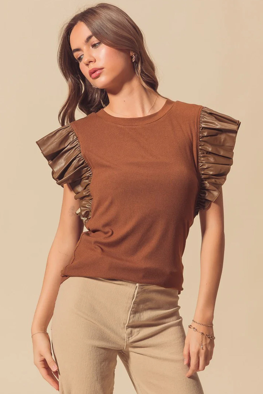 Cinnamon Leather Ruffle Sleeve Patchwork Round Neck Blouse Dear-Lover Dropshipping