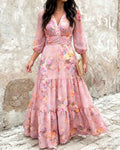 Three-quarter-sleeve Layered Ruffled Waist-cinching Dress