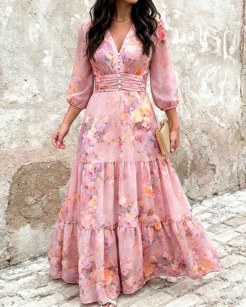 Three-quarter-sleeve Layered Ruffled Waist-cinching Dress