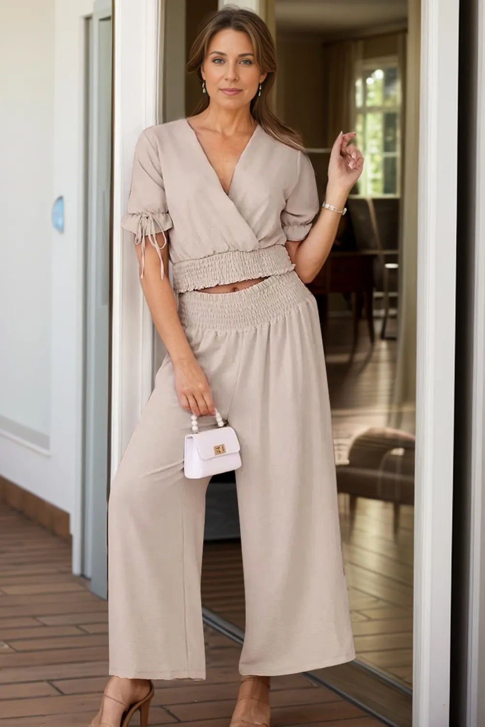 Surplice Short Sleeve Top and Pants Set - CHIC TB