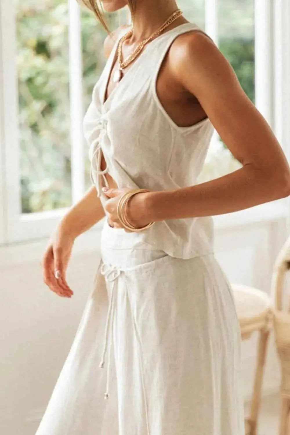 Drawstring V-Neck Tank and Pants Set.