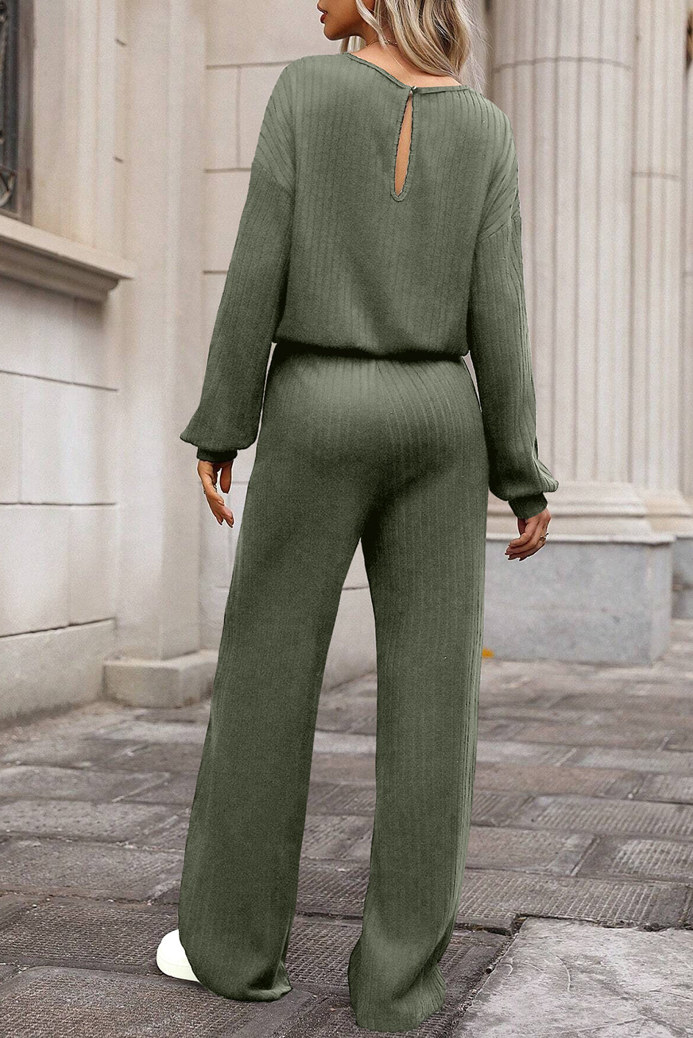 Laurel Green Solid Ribbed Knit Keyhole Back High Waist Jumpsuit Dear-Lover Dropshipping