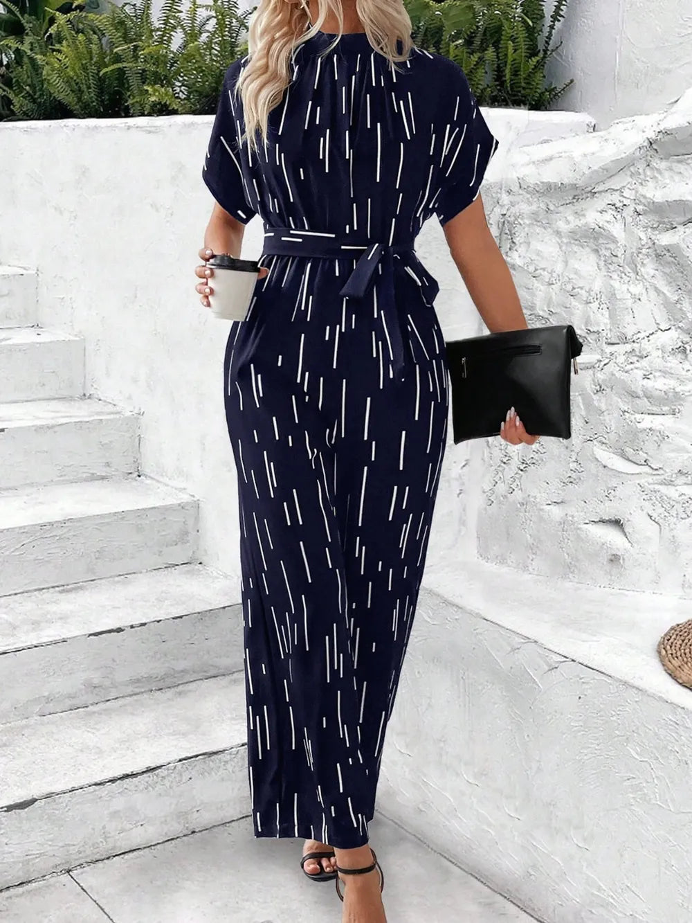 Tied Printed Mock Neck Wide Leg Jumpsuit - CHIC TB