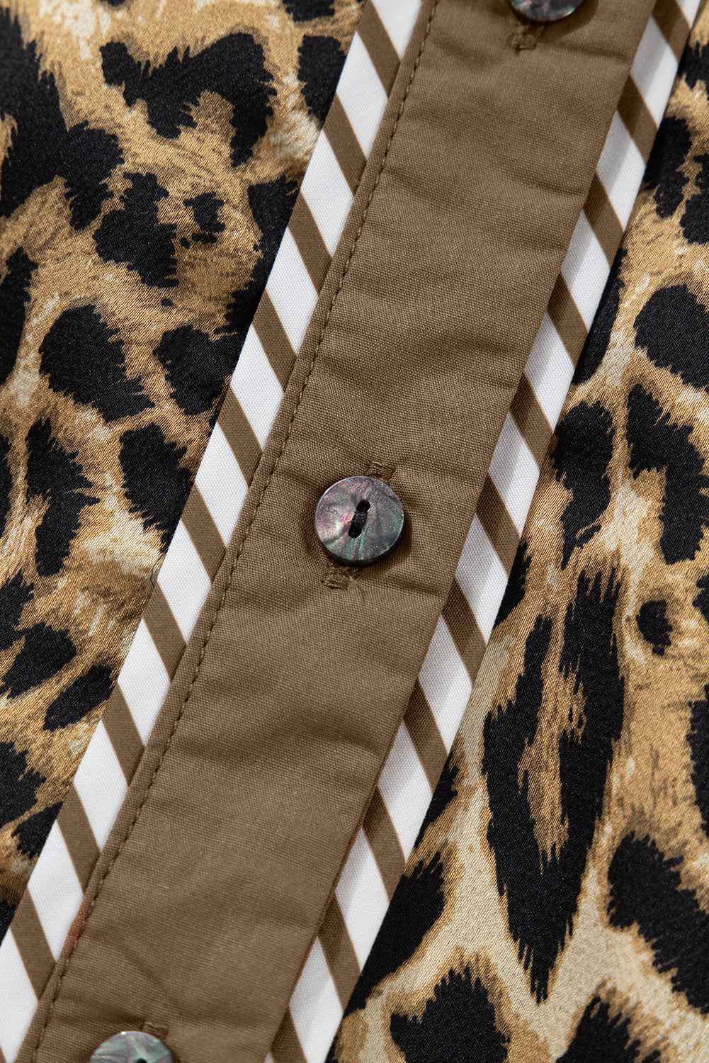 Brown Leopard Collared 3/4 Sleeve Shirt and Loose Pants Two Piece Outfit Set