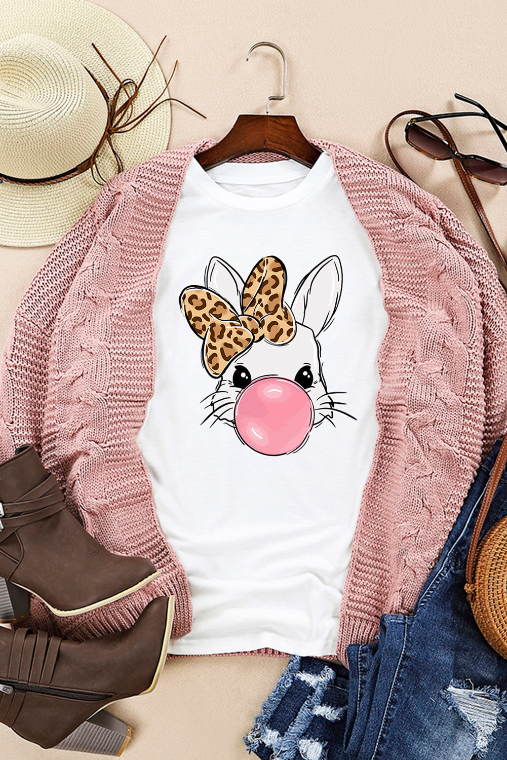 White Leopard Bow Bubble Rabbit Graphic Tee Dear-Lover Dropshipping