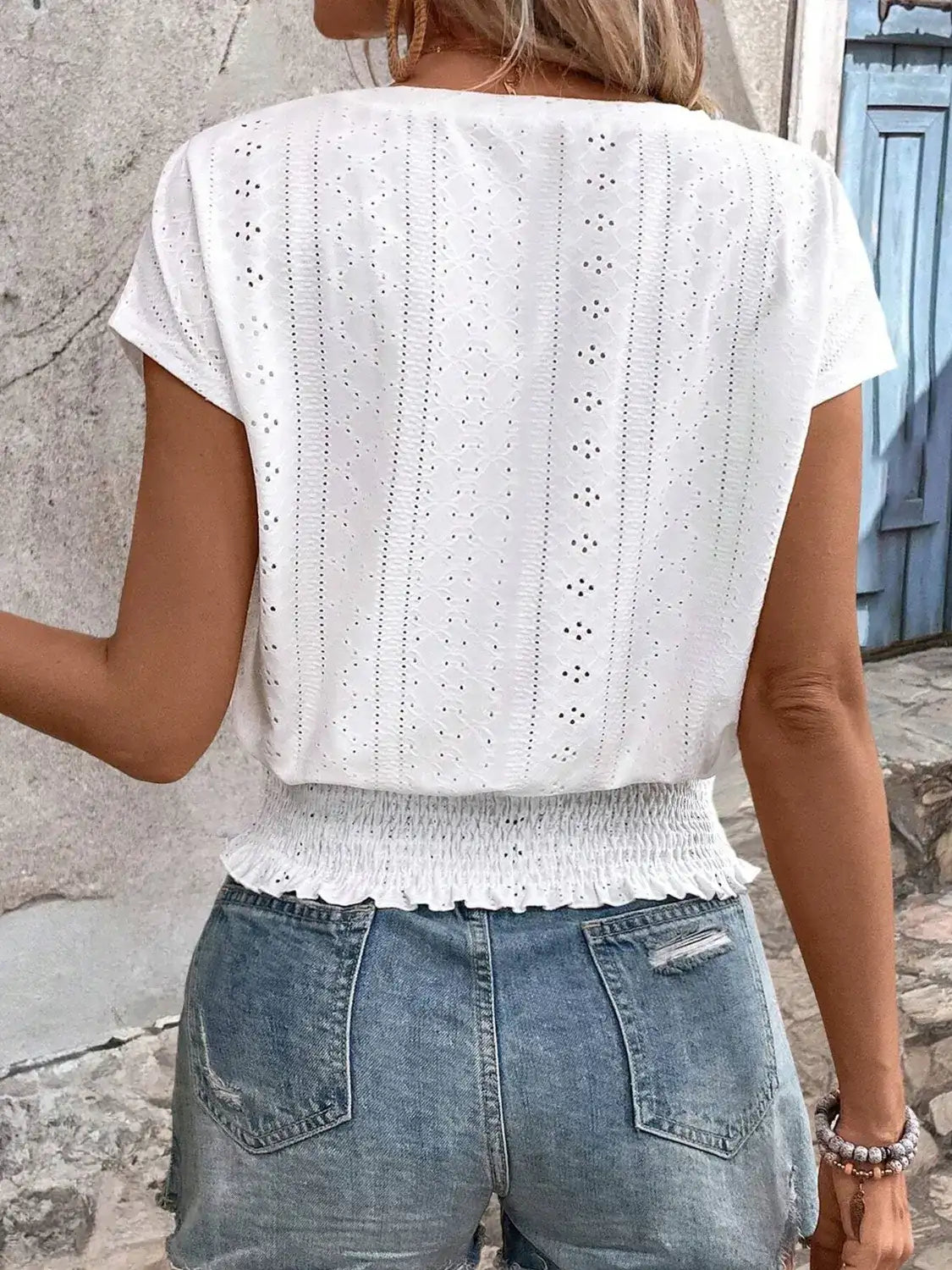 Eyelet V-Neck Short Sleeve Blouse.