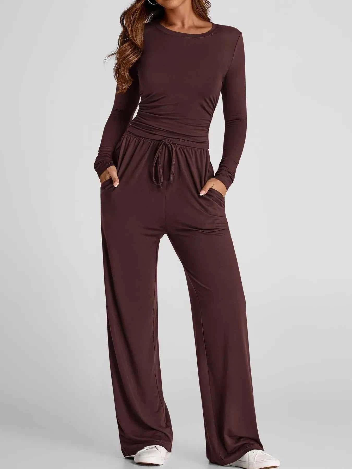 Full Size Casual Long Sleeve Top and Pants Set Plus Size
