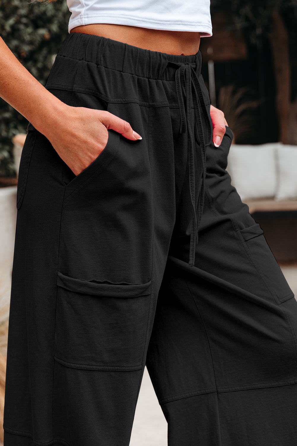 Black Mineral Wash Exposed Seam Drawstring Elastic Waistband Wide Leg Cargo Pants Dear-Lover Dropshipping