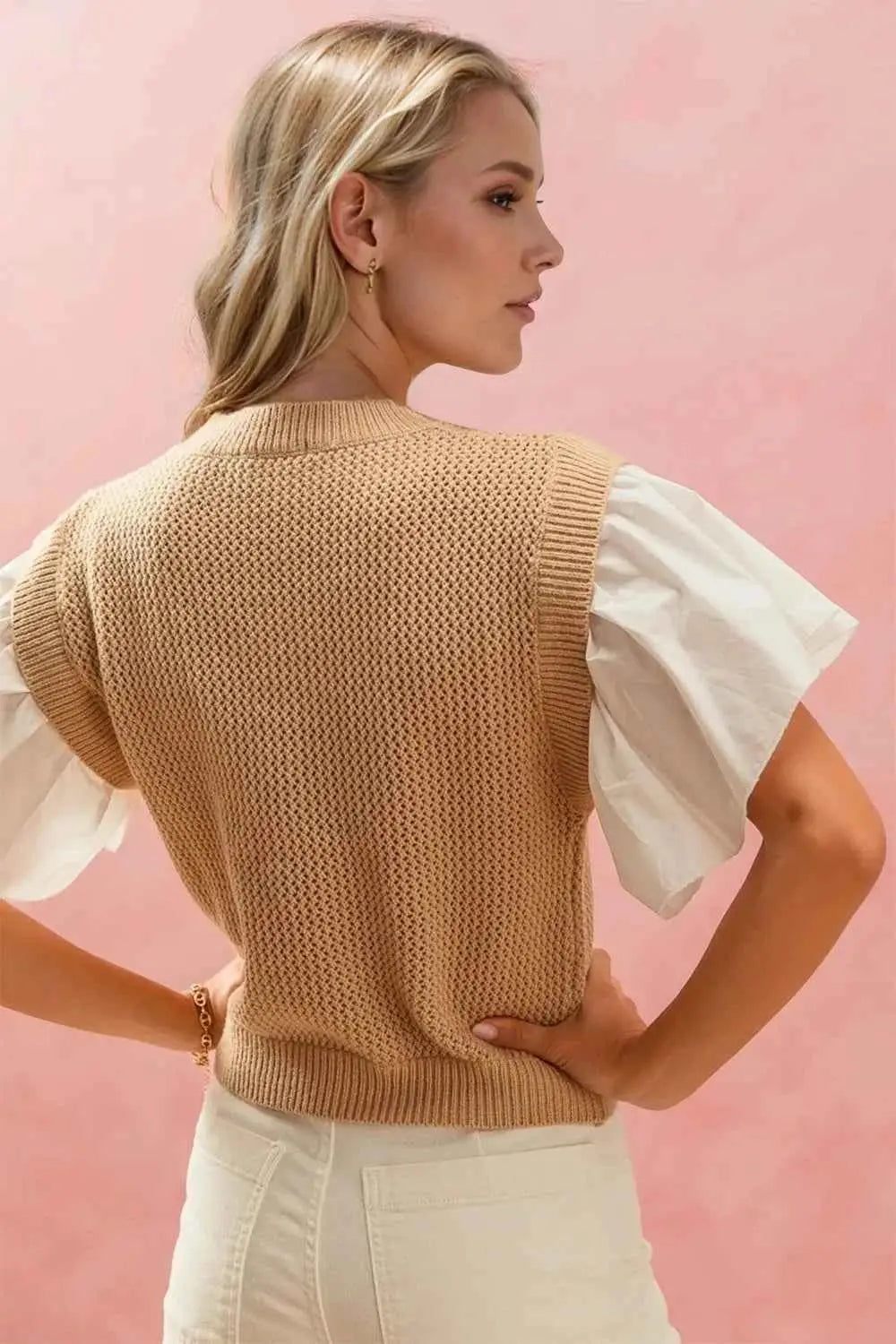 Ruffled Round Neck Short Sleeve Sweater.