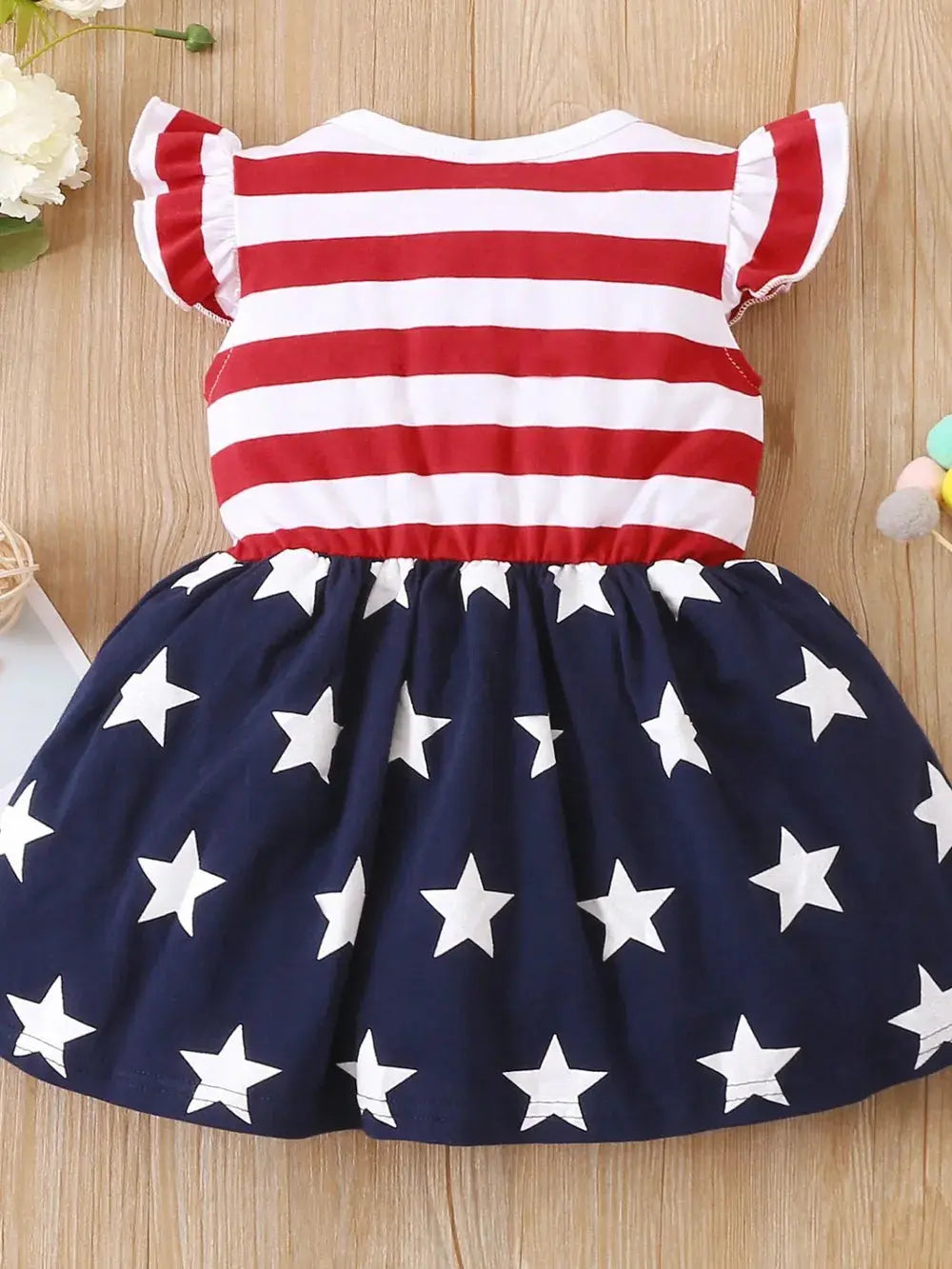 Striped & Stars Ruffled Round Neck Cap Sleeve Dress.