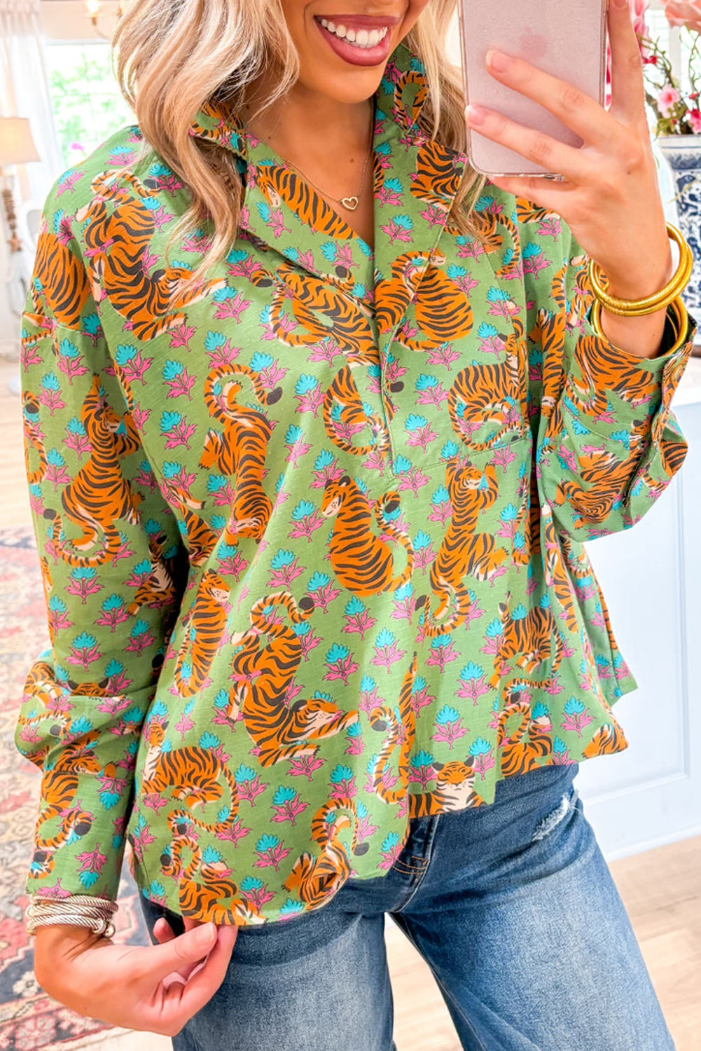 Green Tiger Floral Printed Collared V Neck Casual Shirt Dear-Lover Dropshipping