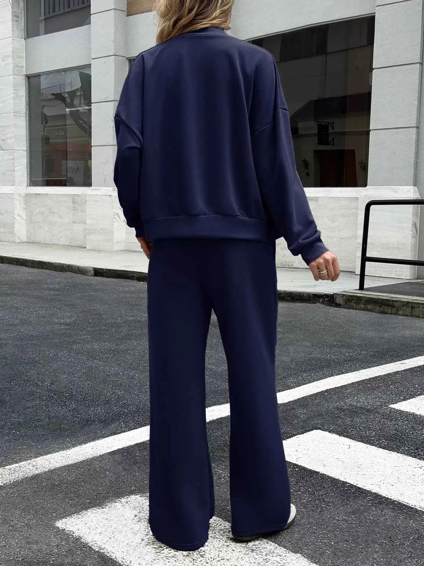 Zip Up Drop Shoulder Top and Pants Set