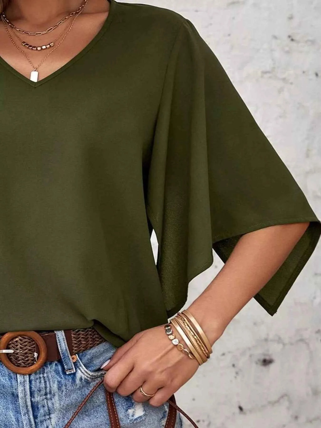 V-Neck Flutter Sleeve Blouse.