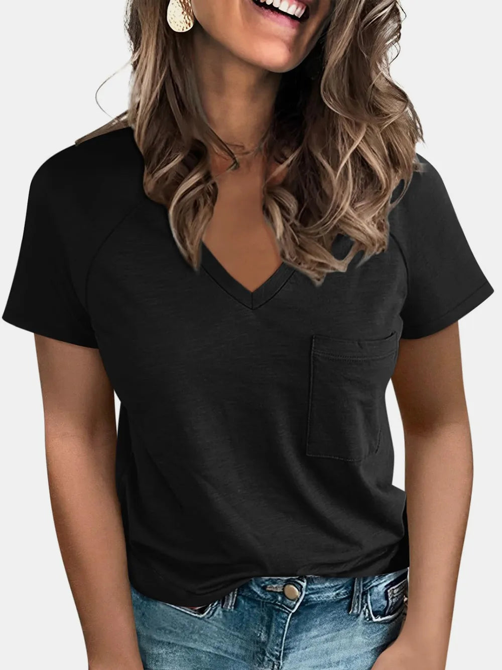 Pocketed V-Neck Short Sleeve T-Shirt.