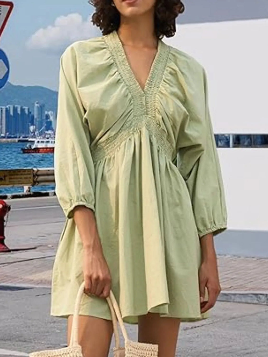 Textured V-Neck Mini Dress.