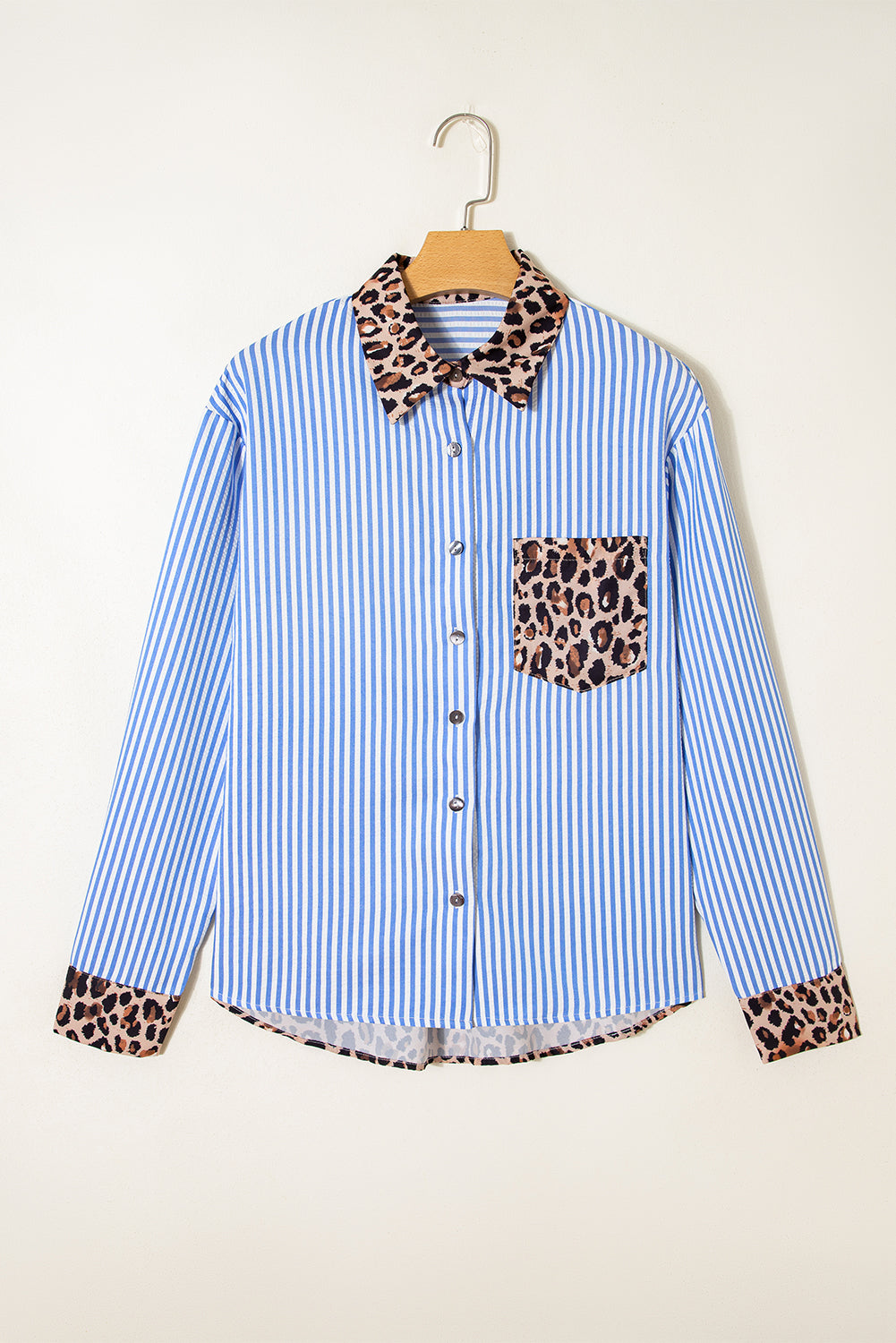 Sky Blue Striped Leopard Print Patchwork Button Up Womens Shirt Dear-Lover Dropshipping