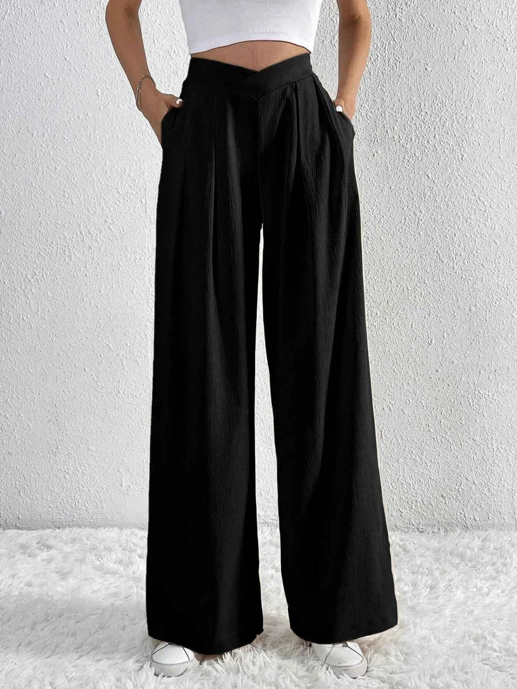 V-Waisted Ruched Front Wide Leg Pants.