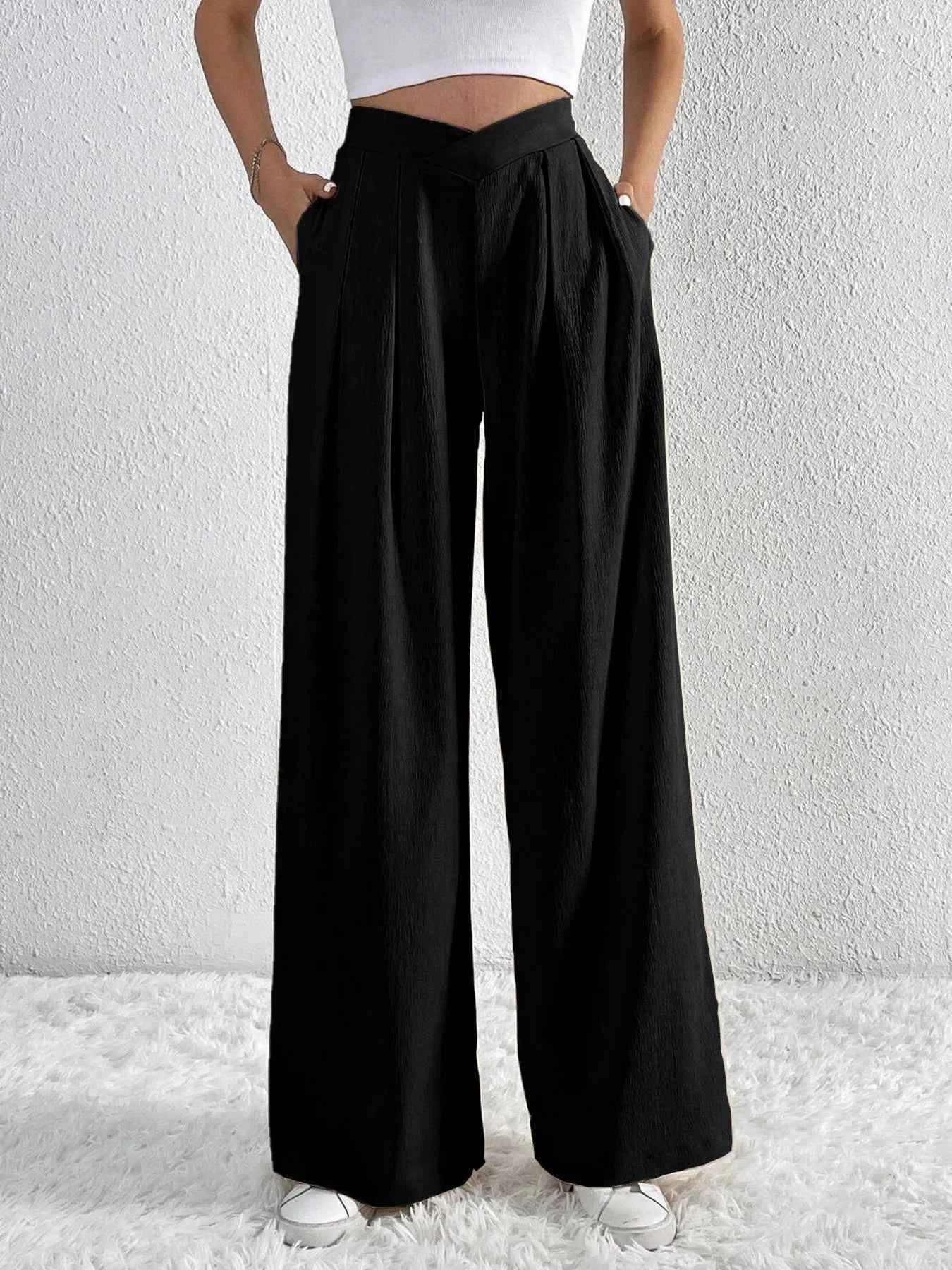 V-Waisted Ruched Front Wide Leg Pants.