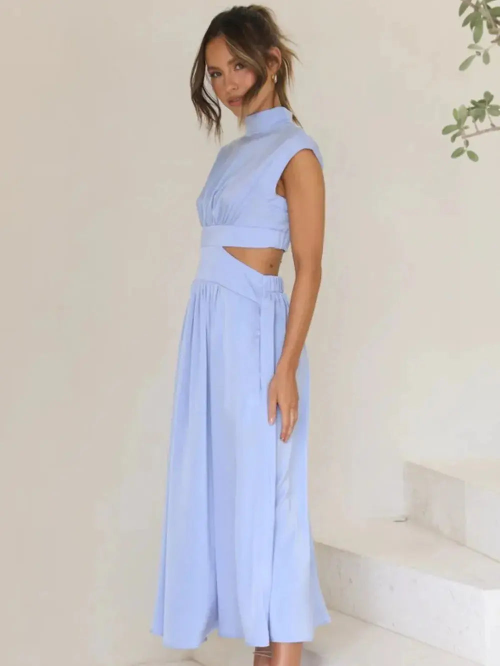 Cutout Mock Neck Sleeveless Ruched Dress.