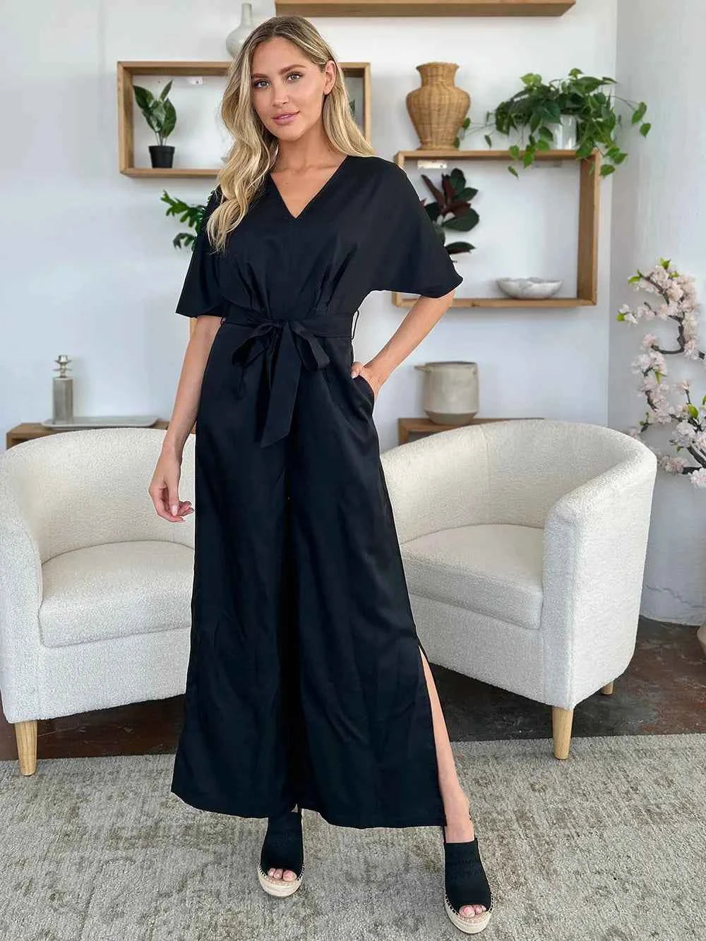 V-Neck Tied Side Slit women Jumpsuit