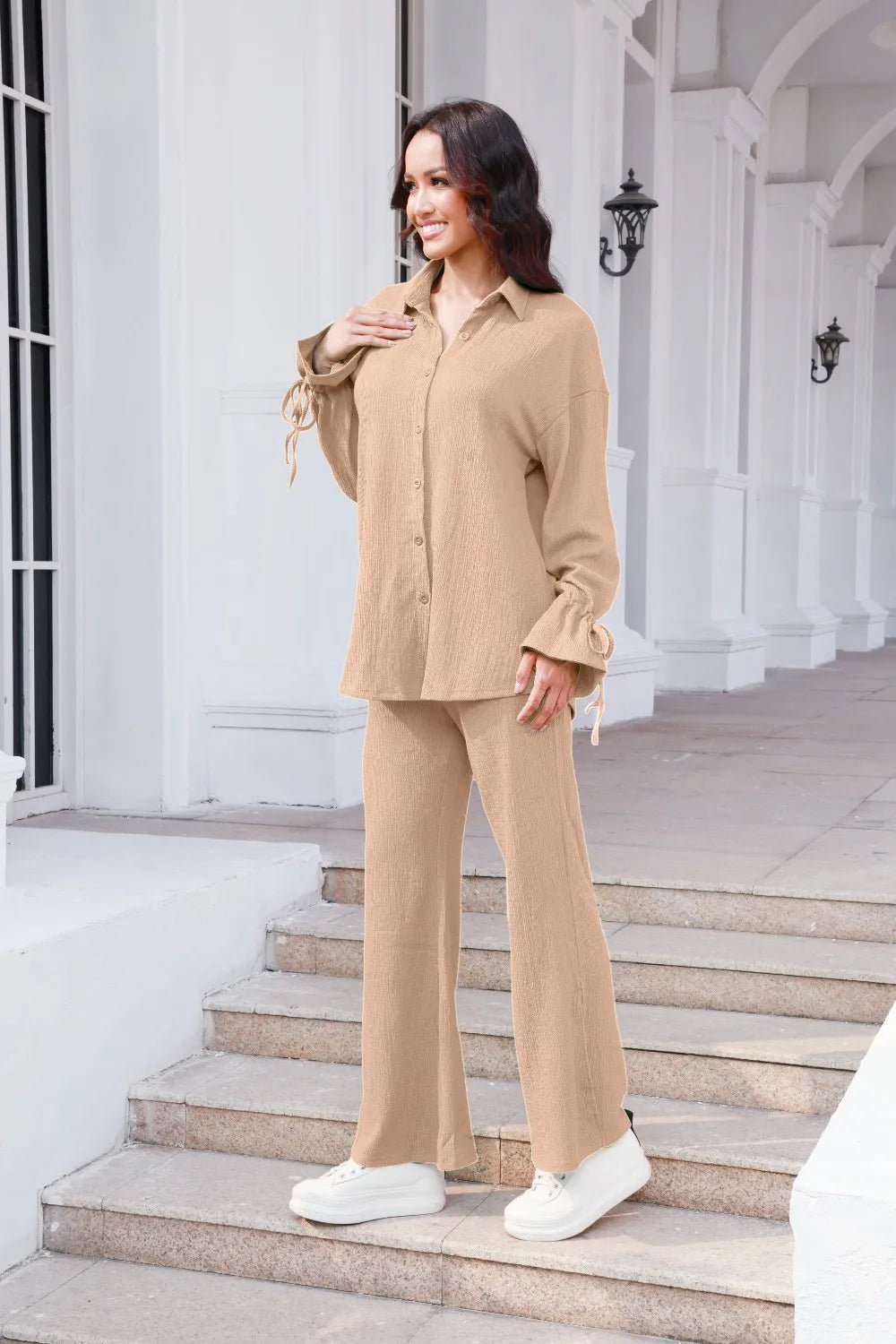 Drawstring Flounce Sleeve Shirt and Pants Set - CHIC TB