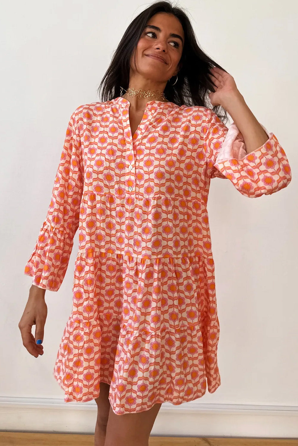 Orange Floral Print Flounce Sleeve Buttoned Front Mini Dress Dear-Lover Dropshipping