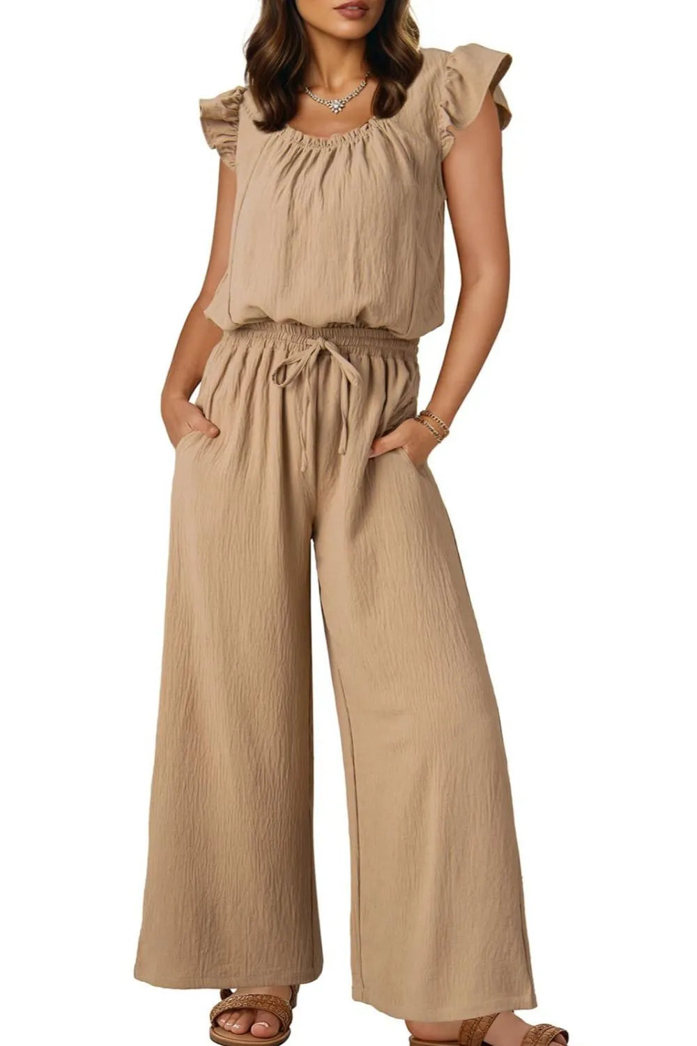 Ruffled Sleeve Wide Leg Jumpsuit.