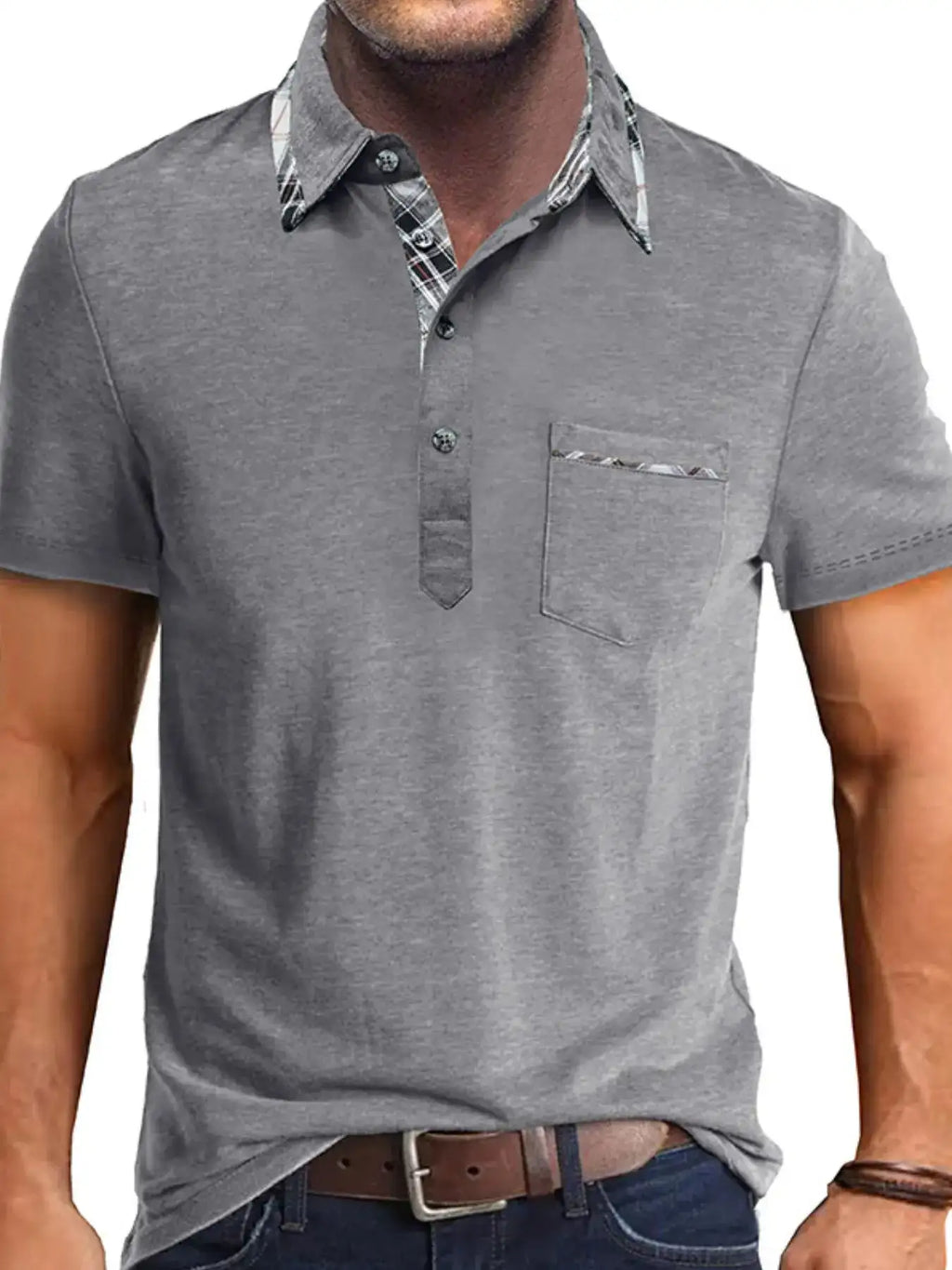 Men's Full Size Classic Plaid Collar Cotton Polo Shirt Plus Size.