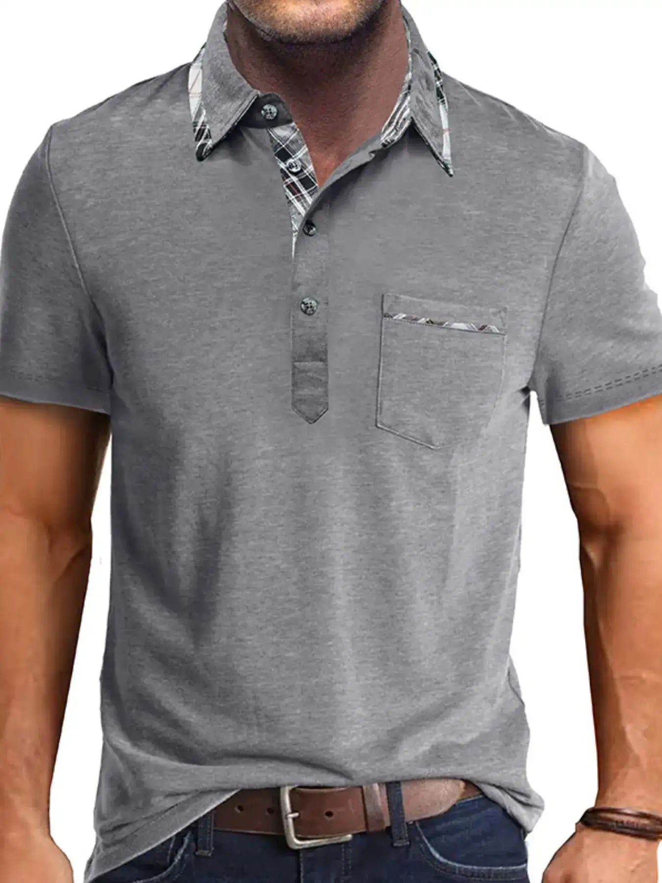 Men's Full Size Classic Plaid Collar Cotton Polo Shirt Plus Size.